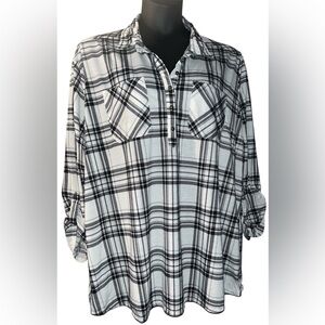 New York Laundry plus size 3X Plaid Roll-Tab Henley popover Button Top blouse